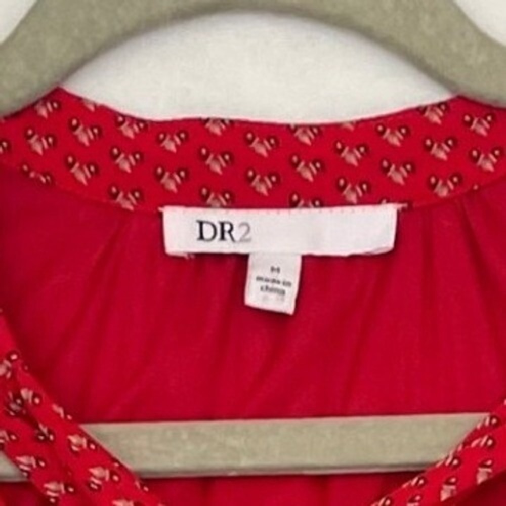 DR2 Top Size M Women Blouse Tie Neck Long Sleeve Sheer Red Print Career V Neck - Picture 4 of 12